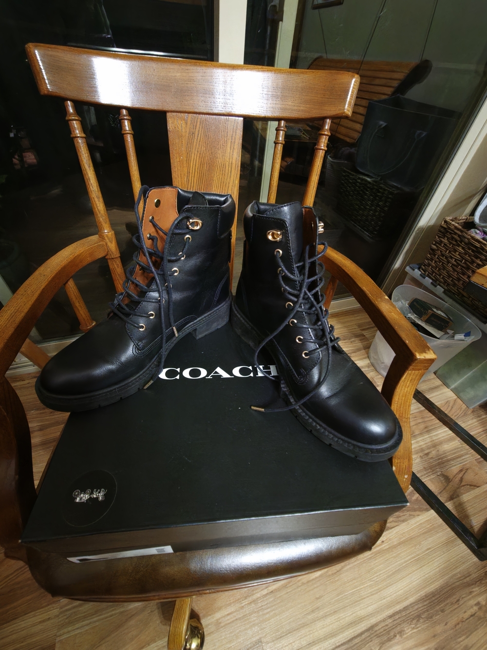 Coach Black Leather Lace-Up Combat Boots with Gold-Tone Eyelets